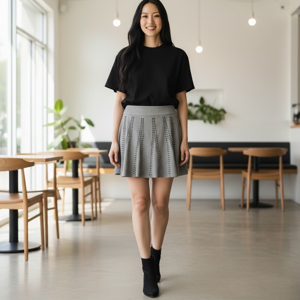 Glamorous Gray Faux Suede Whipstitch‎ Mini Skater Skirt, M